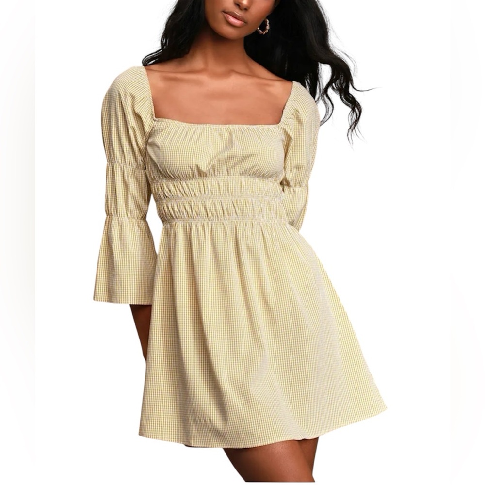 Lulus Size Medium Lunch Date Golden Yellow Gingham Bell Sleeve Mini Dress